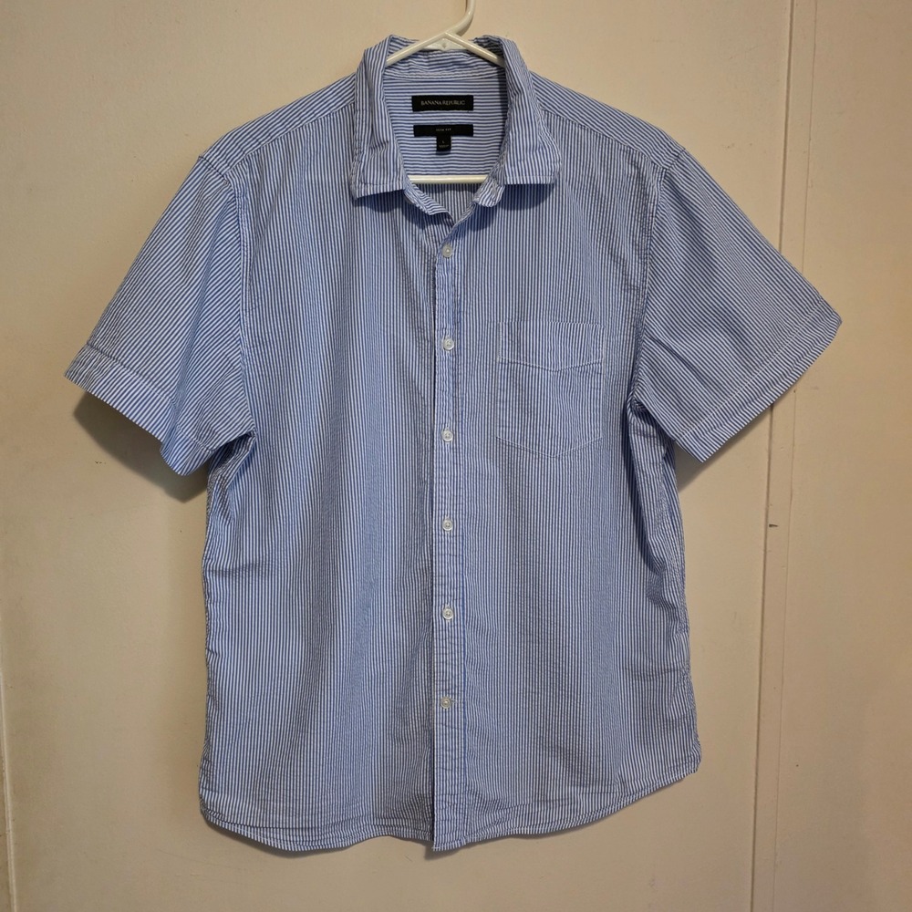Banana Republic Mens Seersucker Button Up Shirt Large Blue White Stripe Slim